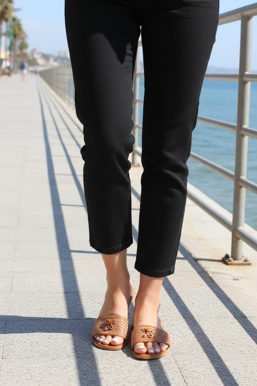 Women’s Tan Slider Sandals with Toggle Detail - Flat Summer Slip On Shoes