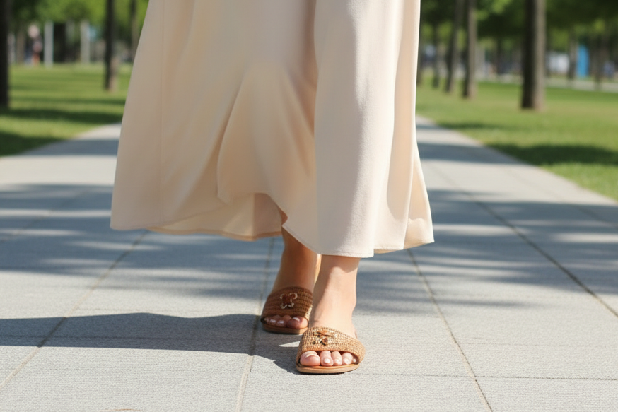 Women’s Tan Slider Sandals with Toggle Detail - Flat Summer Slip On Shoes