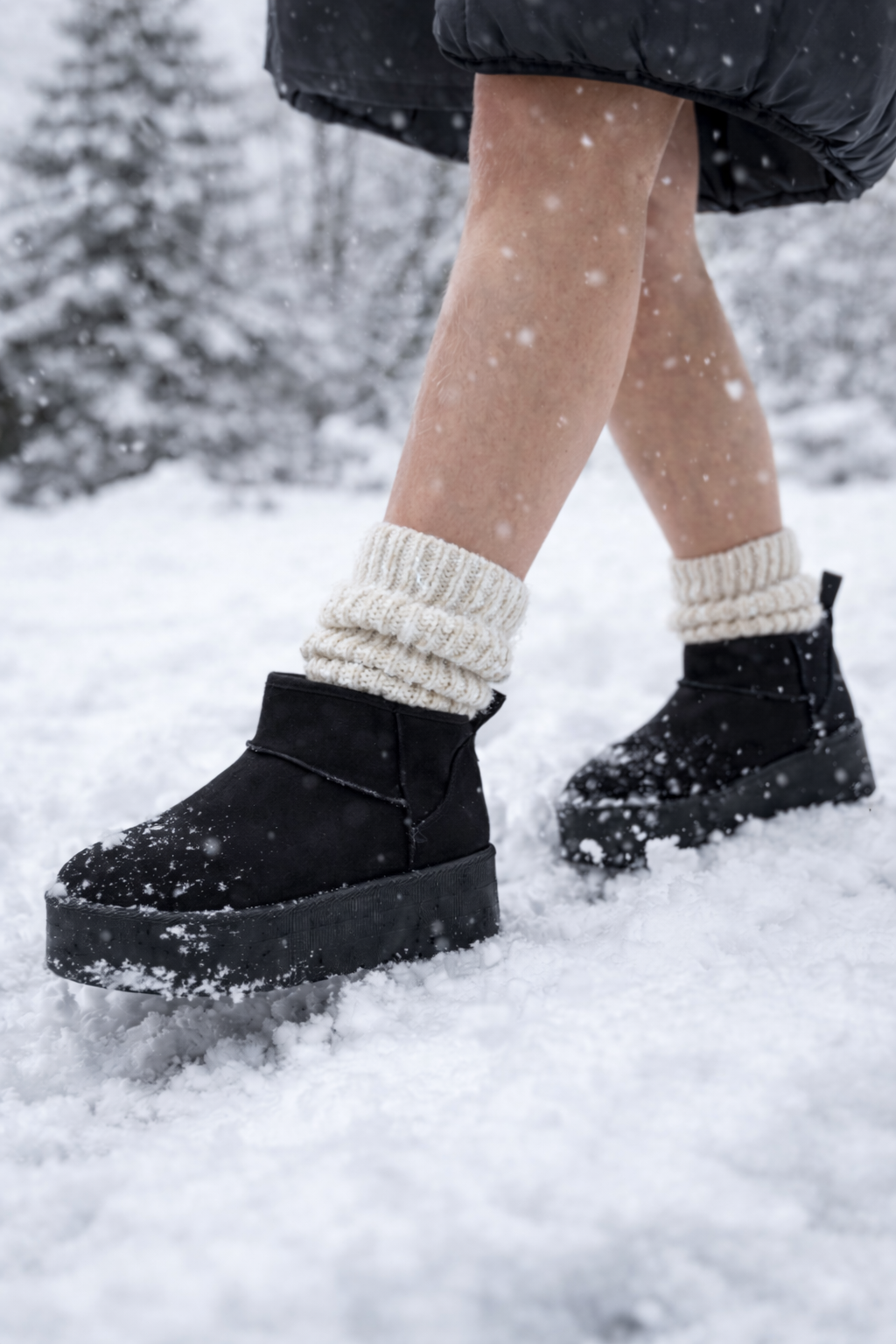 Person wearing black boots and white socks standing in the snow.