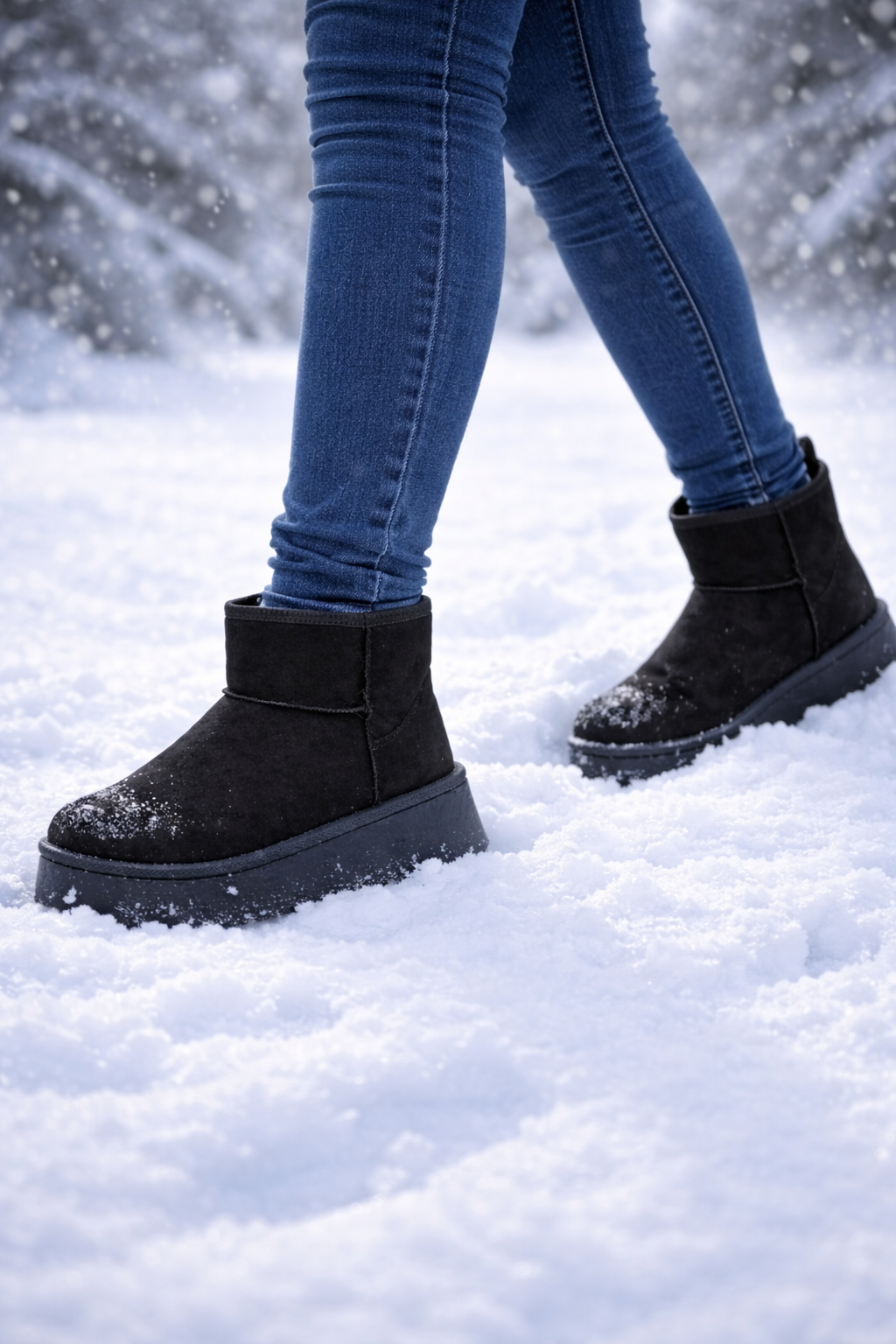 Black winter boots on a snowy ground with blue jeans