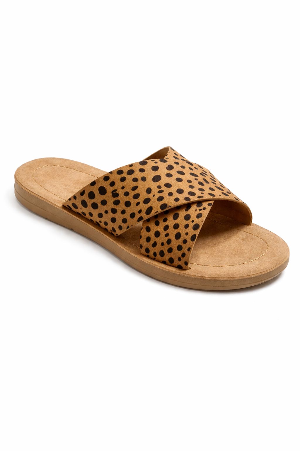Tan sandal with black polka dot pattern on a white background