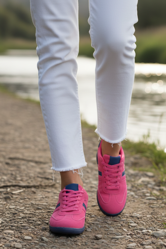 Fuscia Pink Faux Suede Trainers, Contrast Platform & Stripes. Retro Sneakers