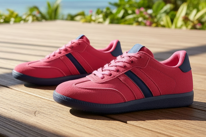 Fuscia Pink Faux Suede Trainers, Contrast Platform & Stripes. Retro Sneakers
