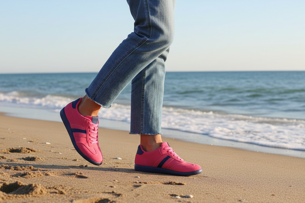 Fuscia Pink Faux Suede Trainers, Contrast Platform & Stripes. Retro Sneakers